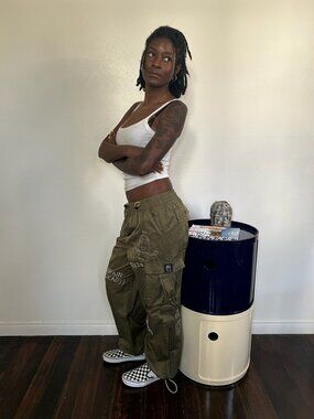 Brain Dead x Minions embroidered drawstring cargo pants in olive green